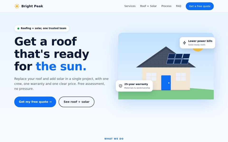 Bright Peak Roofing and Solar website concept: bright, friendly design