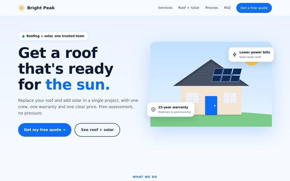 Bright Peak Roofing and Solar website concept: bright, friendly design