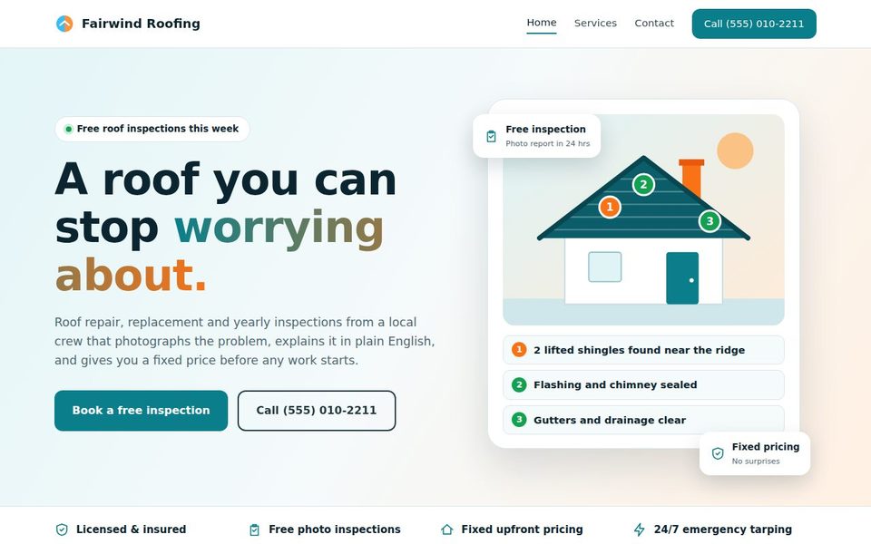 Fairwind Roofing website concept: fresh teal and orange design with a roof inspection report