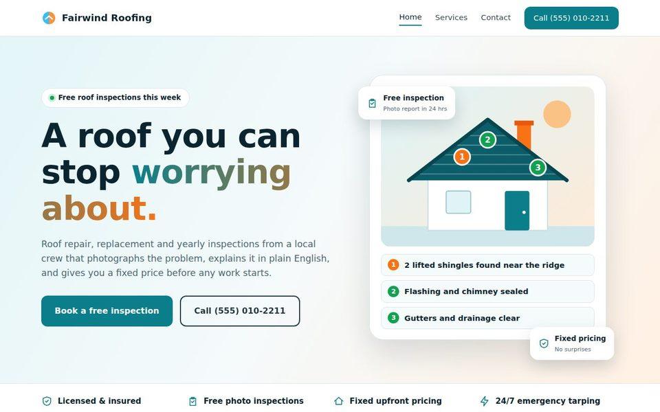 Fairwind Roofing website concept: fresh teal and orange design with a roof inspection report