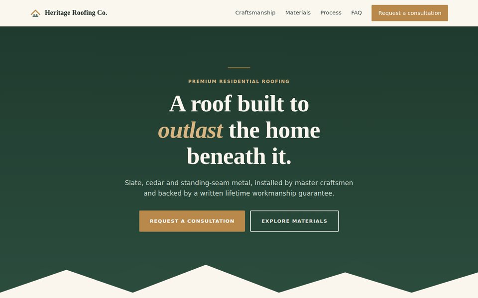 Heritage Roofing Co. website concept: premium serif design in forest green and brass