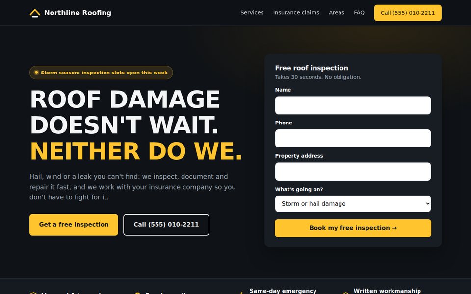 Northline Roofing website concept: dark storm-damage design with an inspection form