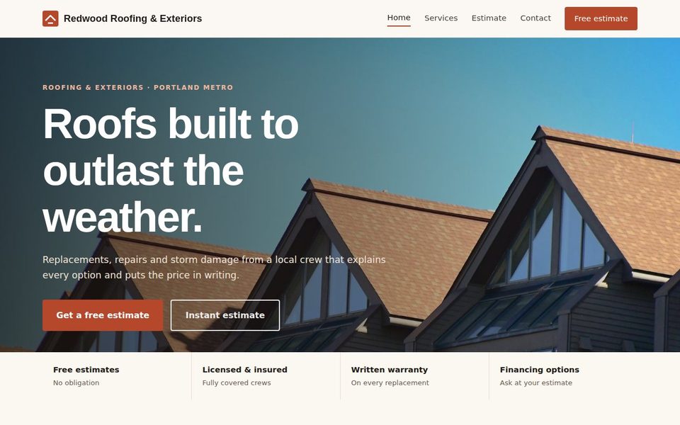 Redwood Roofing and Exteriors website concept: full-width roof photo with warm rust and cream design
