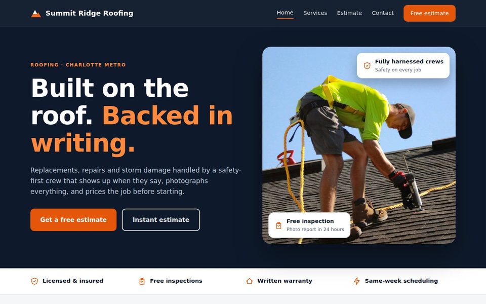 Summit Ridge Roofing website concept: dark navy and orange design with a photo of a roofer at work